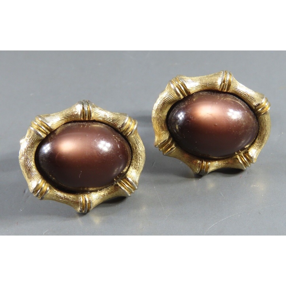 Vintage SWANK CUFFLINKS Gold Tone Bamboo Frame MOON GLOW BROWN Cabochon